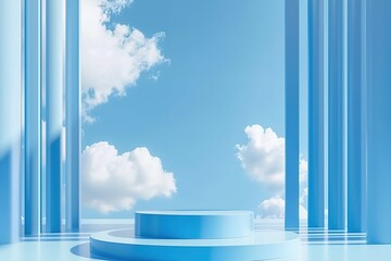 cylinder podium 3D blue background with blue sky
