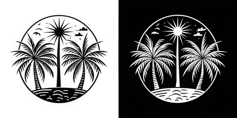 Organic hand-drawn illustration of a black and white quartered design, featuring minimalistic palm trees in two opposite sections, and stylized suns in the remaining two.