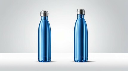 Two Blue Stainless Steel Water Bottles on a White Surface