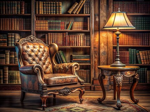 A vintage, ornate armchair and antique desk lamp sit amidst old books and scattered papers, evoking the pioneering psychoanalyst's intellectual pursuits and theories.