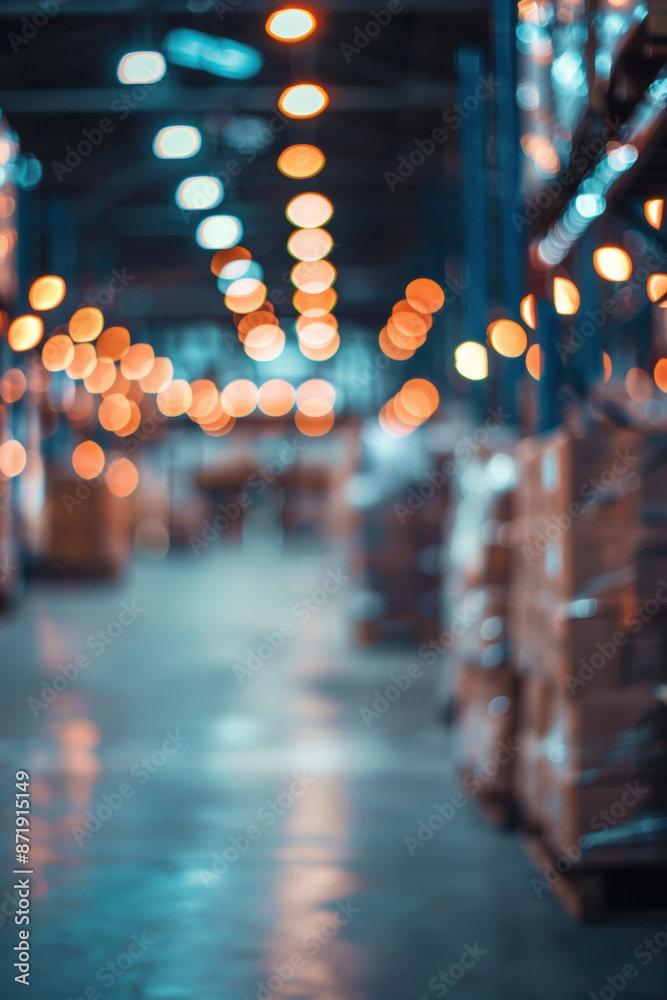 Wall mural blurred image of a warehouse interior with stacked boxes and glowing lights, creating a dreamy and a