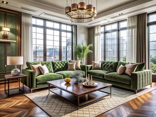 Elegant modern living room with plush sage green velvet sofa, geometric-patterned coffee table, rich wood accents, and floor-to-ceiling windows surrounded by lavish decor.