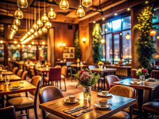 Obraz premium Dimly lit warm tones of an elegant eatery with blurred tables, chairs, and soft focus decorations creating a cozy ambiance in the background.