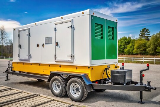Large diesel generator on a mobile trailer with cables and fuel tank, ready to provide reliable outdoor power supply for events and construction sites.