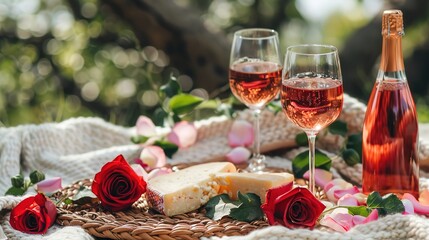 Romantic Picnic Setting with Wine, Cheese, and Rose on a Cozy Blanket