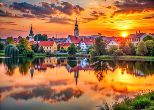 Vibrant orange and pink hues illuminate the serene lake and charming town of Znin, Poland, as the sun dips behind the horizon in peaceful tranquility.