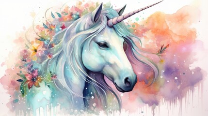 Enchanting Watercolor Unicorn in Magical Forest with Pastel Mane and Sparkles