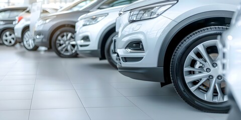 Modern vehicles for sale at busy car dealership showroom in closeup. Concept Car Dealership, Modern Vehicles, Showroom, Closeup Shots, For Sale