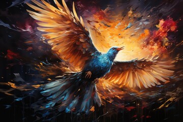 Winged Renaissance The phoenix wakes up in vibrant and luminous brushstrokes, generative IA