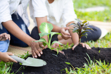 Mother and two daughter planting seedlings in garden, activity of family together, environment and eco, family planting seedlings time leisure in summer day, activity for relaxation about sustainable.