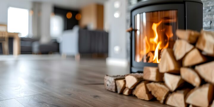 Room with a pellet and wood stove for heating. Concept Pellet Stove, Wood Stove, Room Heating, Cozy Environment