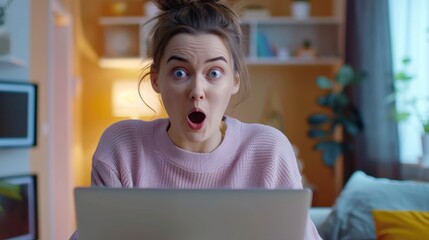 The inside of a home room being shocked by a woman watching a webinar on a laptop has a wow reaction to watching the video vertically.