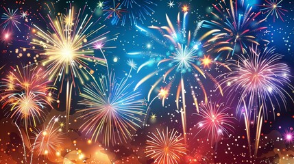 Naklejka premium The night sky is filled with vivid fireworks blazing a dazzling display of color and light as a dazzling fireworks display light up the sky in celebration of a Jackpot win.