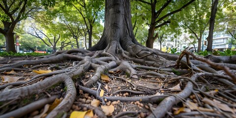 Fototapeta premium Massive tree roots provide natural irrigation for city orchards and gardens. Concept Nature, Urban Agriculture, Tree Roots, Sustainability, Food Security