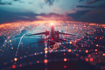 Fototapeta premium Information exchange and telecommunications. Airplane flight on the world map, international data transmission, worldwide business without border