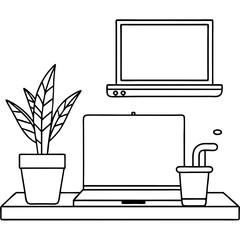 A laptop in a cafe with a cup of coffee or tea, showcasing technology and business tools like a computer, screen, and mobile devices in a modern workspace