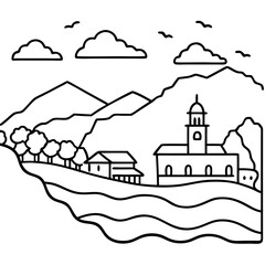Vector illustration of a lighthouse in a snowy seaside village