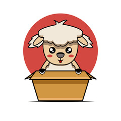 vector design illustration of a cute mascot sheep character in a box