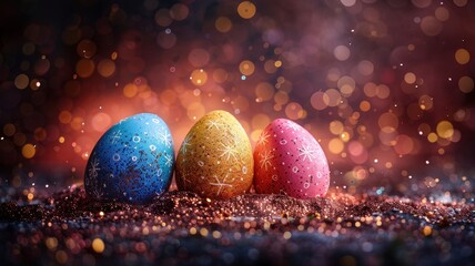 Three colorful Easter eggs with sparkles and bokeh background, signifying festive celebration and joy during the holiday season.