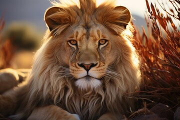 Fototapeta premium Artistic tensions Hyper realistic lions in highlight, abstract background reveal, generative IA