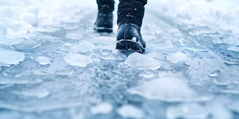A person slipping on icy pathway due to hazardous winter conditions. Concept Accidents, Winter Hazards, Slippery Surfaces, Safety Tips