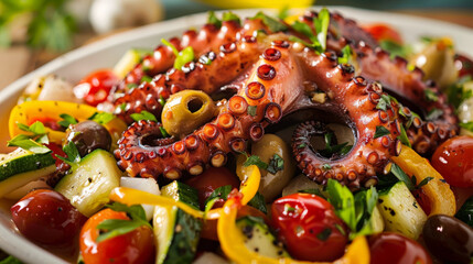 Grilled octopus with salad and greens, cherry tomatoes, cucumber and red onion, in a bowl