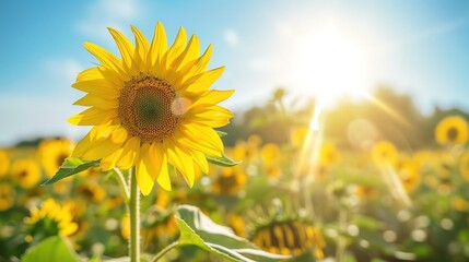 Fototapeta premium Sunflower Field Bathed in Radiant Sunlight, Copy Space for Text Overlay