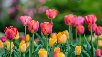 Obraz premium Vibrant Tulip Garden Setting with Artistic Blurred Background for Copy Space