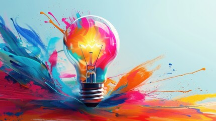 Explosive Creativity: Colorful Paint Splatter from Exploding Light Bulb Inspires New Idea Brainstorming