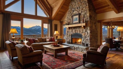 Cozy Living Room with Stone Fireplace in Mountain Cabin