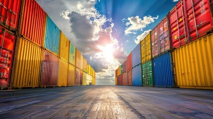 Stacked cargo containers at sunset in shipping yard. Global trade and logistics.