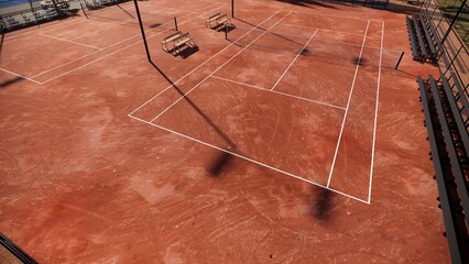 aerial view of tennis court with red clay surface include net, lights, spectator seats © WINDERFULL STUDIO