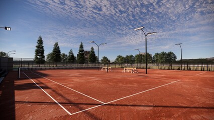 An outdoor red clay tennis court equipped with floodlights and spectator benches on the sides © WINDERFULL STUDIO