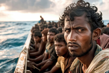 On a crowded boat at sea, refugees show expressions of concern and determination, highlighting their challenging journey and hope for survival
