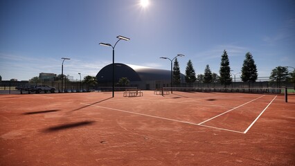A sprawling red clay tennis court, illuminated by floodlights and flanked by spectator benches, invites exhilarating matches under the open sky © WINDERFULL STUDIO