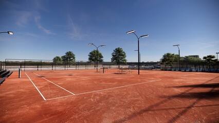 corner view of  outdoor tennis courts adorned with a vibrant red clay surface, equipped with floodlights and lined with spectator benches © WINDERFULL STUDIO