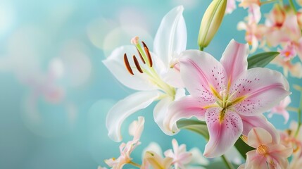 Naklejka premium Serene Floral Arrangement with Lilies and Orchids on Pastel Background, Copy Space for Text