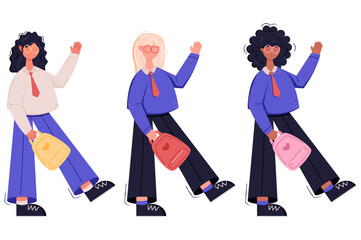 Three girls in school uniforms with backpacks and glasses, flat character