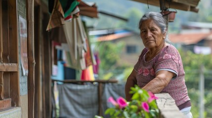 Close-up of an adult Hispanic woman doing housework on a terrace, Tegucigalpa, Honduras.
