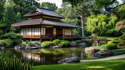 A traditional Japanese tea house surrounded by lush green gardens and tranquil water features.