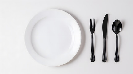 Cutlery, fork, knife, spoon and empty plate on a colored background. AI Generated