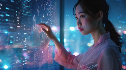 The woman interacting with hologram