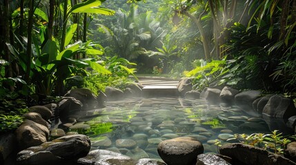 A tranquil hot spring surrounded by rocks and lush greenery, with steam rising gently