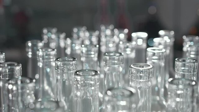Many empty glass transparent clean sterile bottles in the factory for filling alcoholic or non-alcoholic beverages. One of the stages of wine production