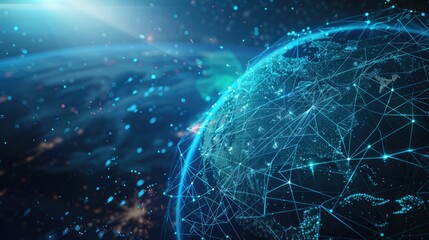 Digital network connections covering the Earth, depicting global communication and data exchange.