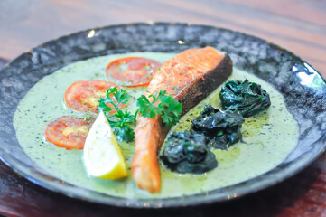 salmon steak in pesto sauce ,salmon steak with vegetable and pesto sauce
