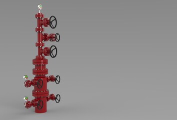 Oil well head red color view with valve system and pressure gauge illustration