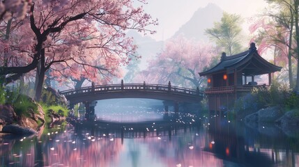 Fototapeta premium A tranquil riverside scene with a traditional wooden bridge and sakura trees in bloom.
