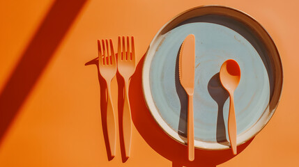 Cutlery, fork, knife, spoon and empty plate on a colored background. AI Generated