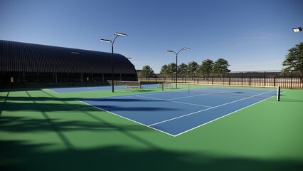 outdoor tennis court with a blue and green surface, equipped with floodlights and lined with spectator benches © WINDERFULL STUDIO